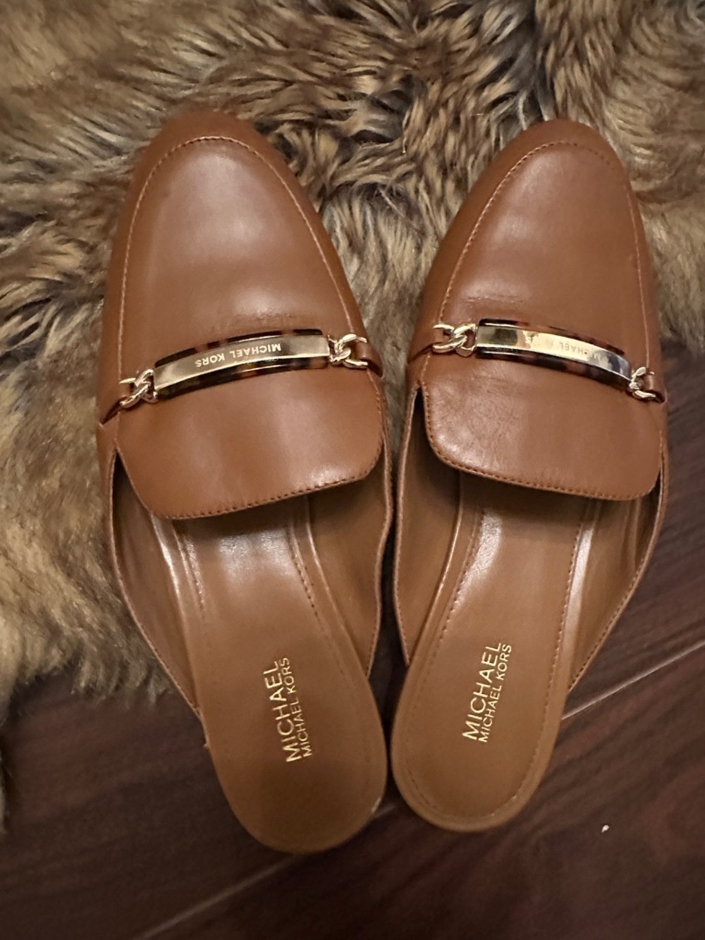 Michael Kors Cognac Leather Slip-On Mules with Gold Accent